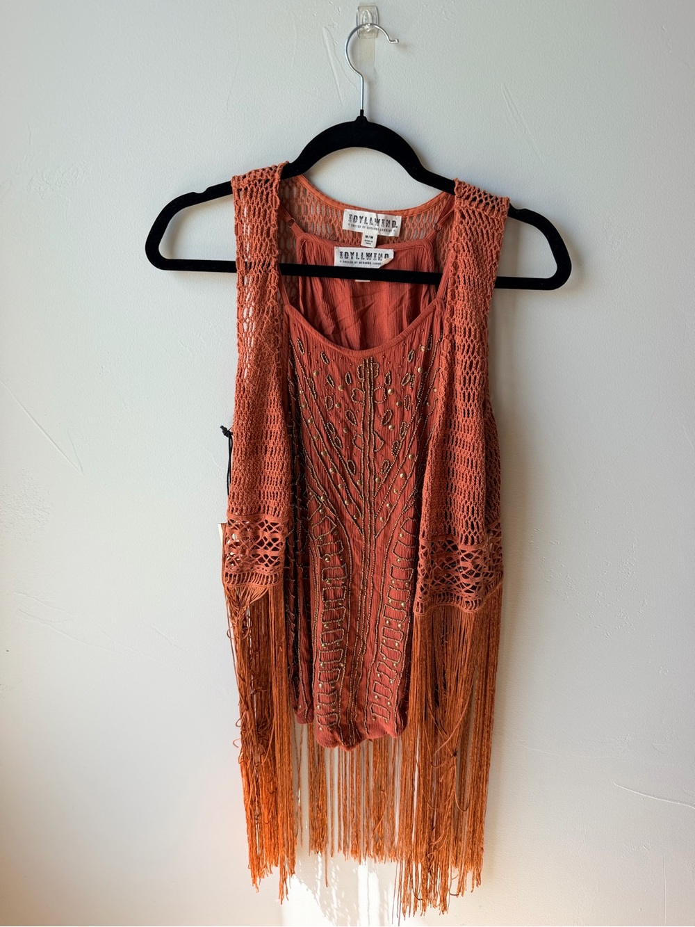 Idyllwind Burnt Orange Crochet Fringe Tank